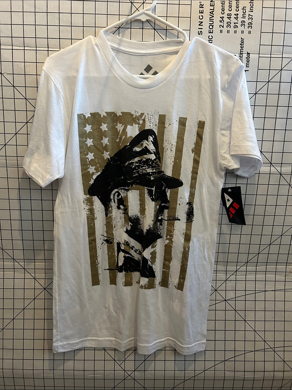 Men's White Graphic Crewneck Tee with Olive Flag Portrait